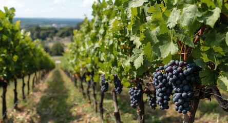 Naklejka premium Healthy black grape bunches on vineyard hills highlighting positive aspects of wine crafting