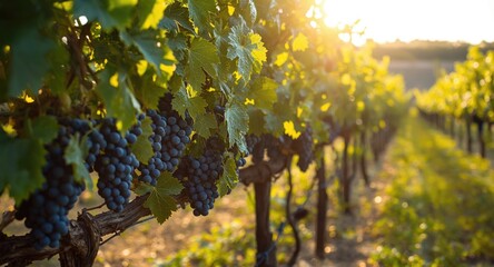 Naklejka premium Ripe grape filled vineyard bathed in sunlight with extra copy space for marketing needs