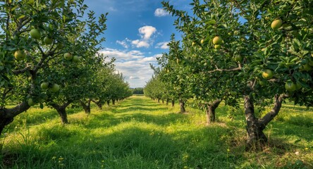 Fototapeta premium Peaceful fruit orchard filled with vibrant green apples