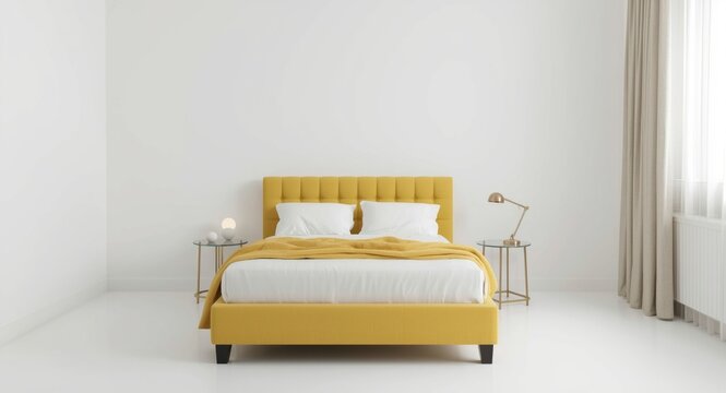 Front view of bedroom interior with yellow double bed centrally located on white floor and a glass bedside table holding a lamp
