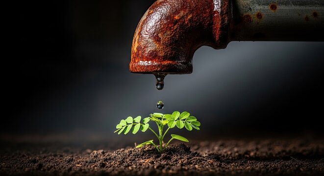 Rusty faucet dripping water onto small plant on soil against dark background