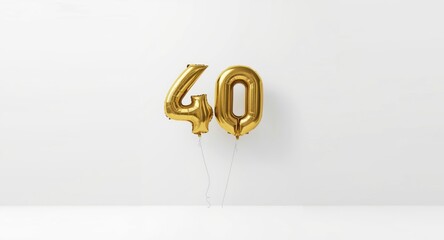Fototapeta premium Minimal white background with floating golden helium balloons in the shape of number 40 and copy space