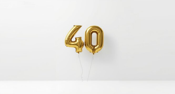 Minimal white background with floating golden helium balloons in the shape of number 40 and copy space
