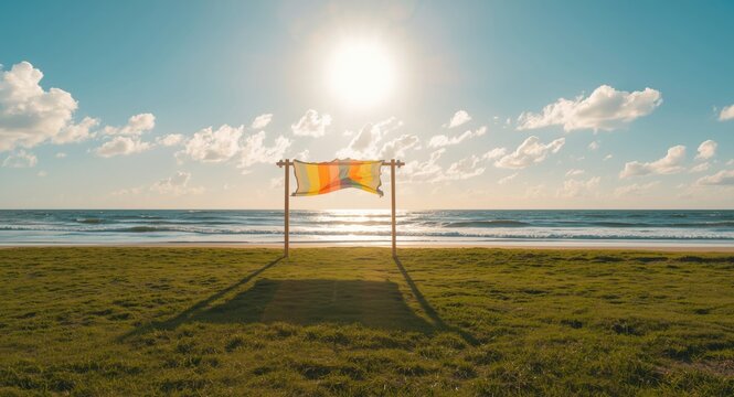 Soothing seaside scene with colorful sunshade and windbreak set on vibrant grass by gentle ocean tides under sunny clear sky