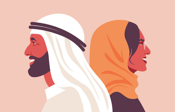 Modern flat vector illustration of a smiling young Arab couple in profile view, standing back-to-back. Modern Islamic lifestyle, family, cultural heritage, partnership, and diversity.
