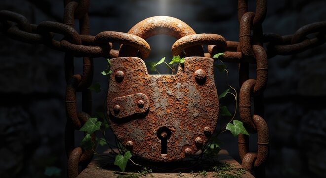Rusty padlock with chain and vegetation in dark conceptual visual