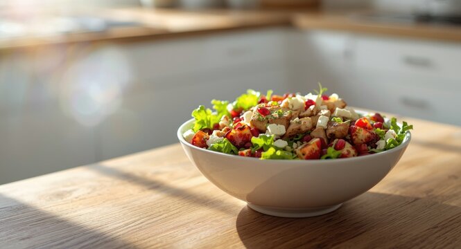Refreshing grilled chicken salad with diced red apples, feta cheese, and pomegranate accents