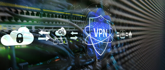 Fototapeta premium Cybersecurity Infrastructure and VPN Data Protection Visualization with Digital Security Shield