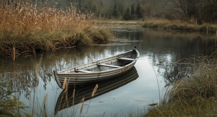 Obraz premium Peaceful outdoor setting showing an unoccupied wooden rowing boat on a still lake encircled by reeds and grass