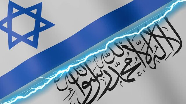 Two waving flags Israel and Afghanistan with diagonal lightning seamless, 4k loop