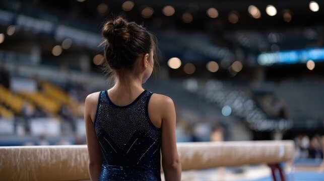 Young female gymnast in a blue leotard stands at the balance beam, focused and ready for her routine in a well-lit indoor sports arena