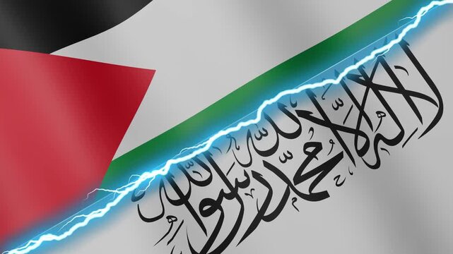 Two waving flags Palestine and Afghanistan with diagonal lightning seamless, 4k loop