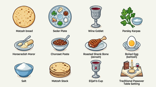 Detailed illustration of Passover Seder elements featuring matzah, wine goblet, seder plate, egg, and roasted bone icons arranged on a neutral beige background viewed from a top-down perspective