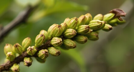 Macro photography of allergenic poplar seed pods in springtime