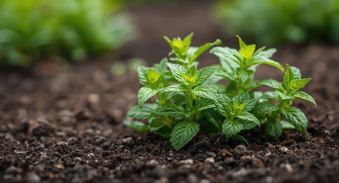 Herbal Piperita mint seedlings flourishing in springtime garden setting with gentle backdrop and copy space