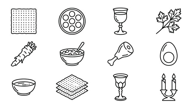 Viewpoint illustration of a celebration displaying twelve black‑and‑white icons that represent meal tradition items such as plates, glasses, chicken, fish, egg, candelabra and leafy branch