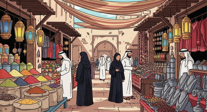 Bustling Souk Scene - People Shopping in a Traditional Middle Eastern Market.