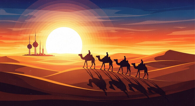 Caravan of Camels Traversing a Desert Landscape at Sunset.