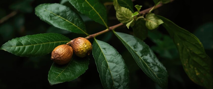 Natural remedy ingredient portrayed by copaiba branch bearing green leaves and mature fruit