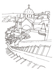 Architecture sketch illustration. Hand drawn sketch of Santorini island, Greece. Isolated on white background. Travel sketch. Hand drawn travel postcard. © Catherine