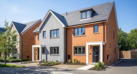 Obraz premium Orange and grey facades highlight modern semi detached houses in a sunny residential neighborhood