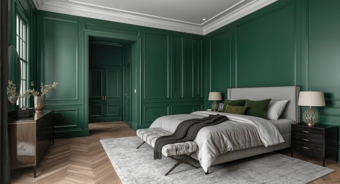 Modern upscale bedroom with green emerald walls and a stylish bed dressed in light gray and dark green hues
