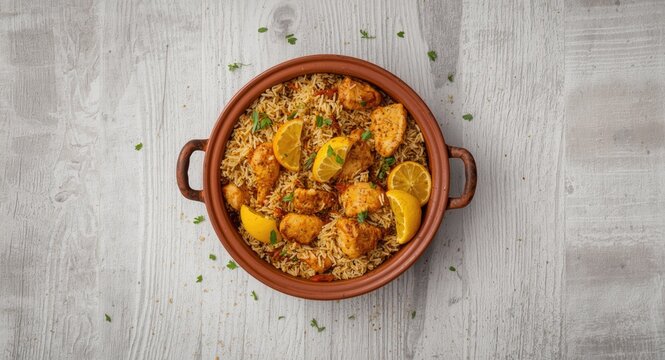 Birds eye perspective of authentic chicken biryani in a clay vessel decorated with lemons and an array of spices with copy space