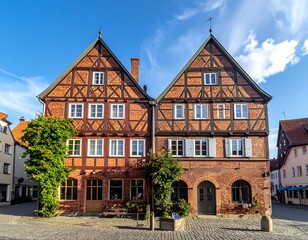Fototapeta premium Two German half-timbered buildings on a cobblestone street against a blue sky
