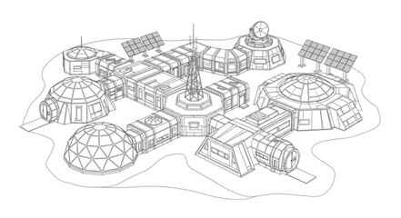 Naklejka premium Detailed illustration of a futuristic city with interconnected buildings and domes.