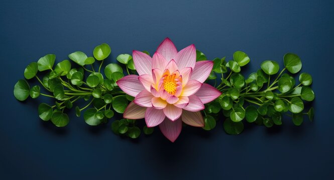 Harmonious lotus flower arrangement with lush green foliage on a navy blue surface