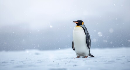 Obraz premium Light snow falling on emperor penguin standing on frozen terrain with soft winter bokeh effect