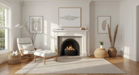 Naklejka premium Homey living room space bathed in natural light including a fireplace, lounge chair, and Easter egg collection