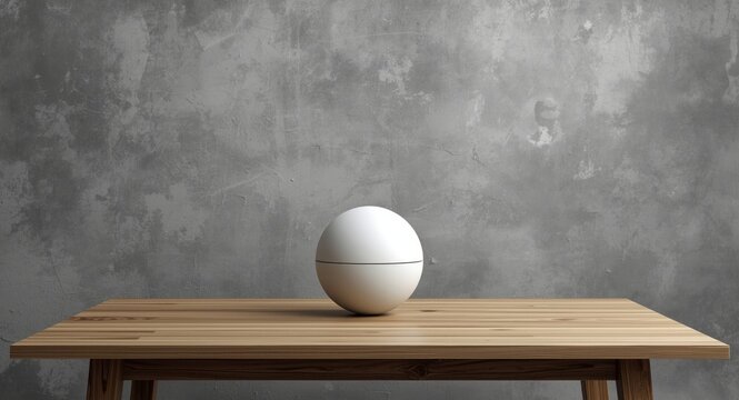 Modern design studio setup with a white sphere on natural wood table featuring a textured gray background for creative work