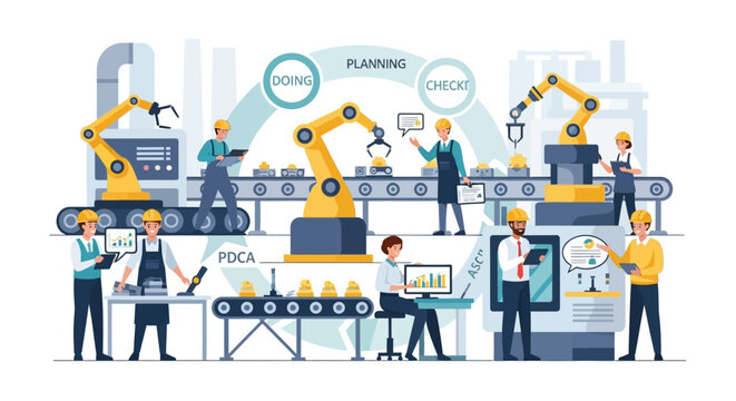 Industrial Automation & Smart Factory Process: Robotics, Engineers, & PDCA Cycle for Manufacturing Optimization & Quality Control