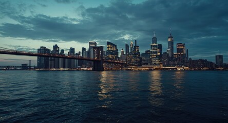 Obraz premium Maritime perspective of city skyline featuring bridges and high buildings