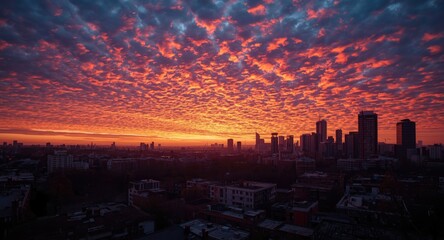 Fototapeta premium Colorful sunset urban scene painted with lively clouds and imaginative city details