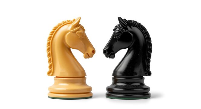 Isolated profile of contrasting knight chess pieces expressing rivalry and conflict