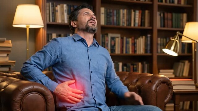 Adult man, acute liver pain, grimacing, grasping his right side, abdominal discomfort, serious internal organ ailment, health crisis at home, urgent medical condition