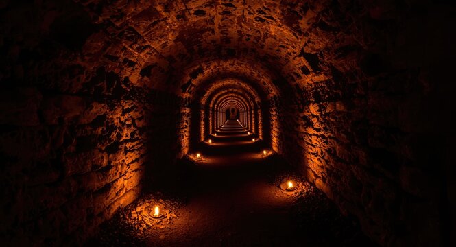 endless medieval catacombs with shadowy passageways illuminated by firelight