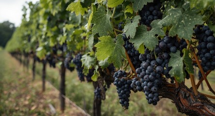 Naklejka premium Organic grape vines full of fruit producing clusters in a quiet farm setting