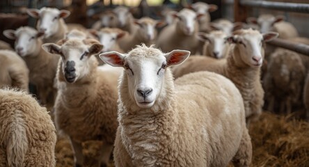 Obraz premium Peaceful sheep standing calmly in a farm aviary habitat