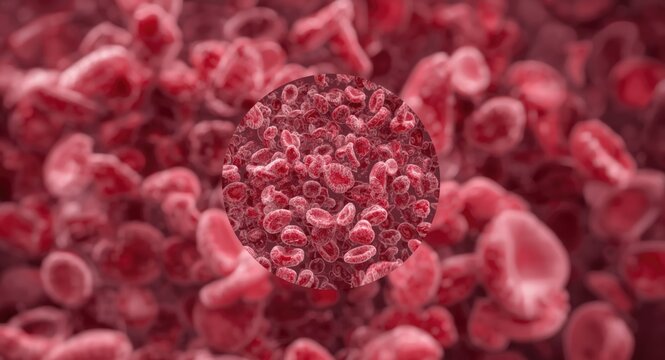 High magnification image of blood sample showing anaemia together with low platelet count and deficiencies in folic acid and B12