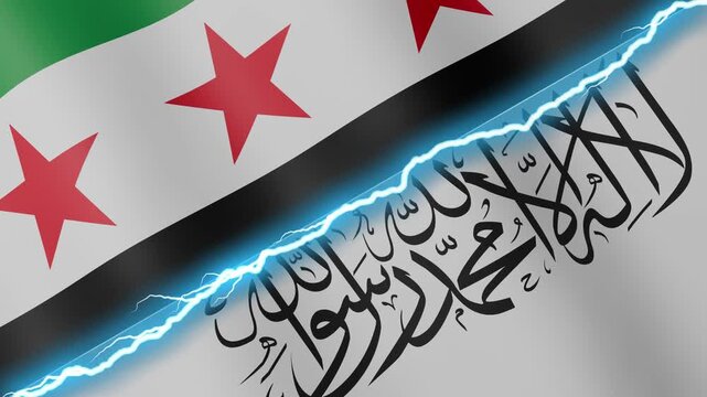 Two waving flags Syria and Afghanistan with diagonal lightning seamless, 4k loop