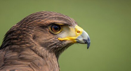 Fototapeta premium A detailed close-up portrait of a majestic harris hawk showcasing its sharp beak and intense gaze