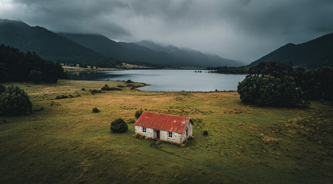 A solitary red-roof house sits in a grassy field with a lake and misty mountains in the background, captured in cinematic style under a moody sky.  
