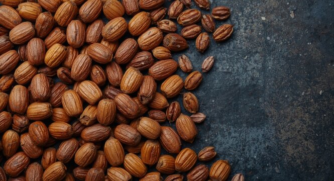 Close up of pine nut harvest with dark textured background