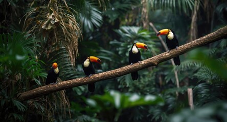Fototapeta premium Multiple toucan birds perched on tree limbs surrounded by dense rainforest foliage