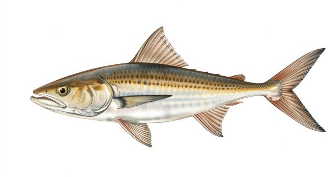 Illustrated Mediterranean amberjack emphasizing fin structure and diverse pigmentation