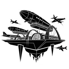 Futuristic Flying City with Airships and Airplanes Illustration. © Wahyu