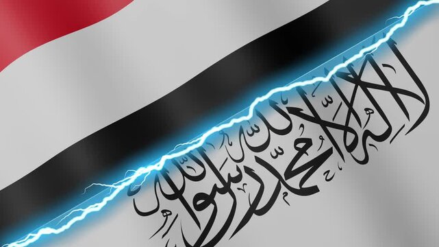 Two waving flags Yemen and Afghanistan with diagonal lightning seamless, 4k loop